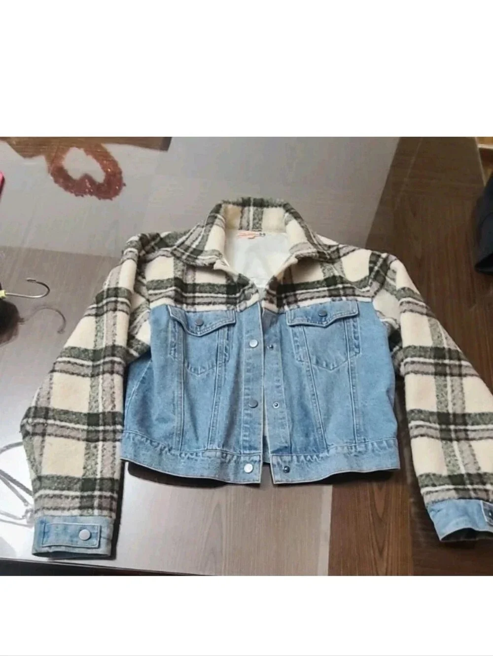 Vintage Havana Cream & Light Blue Plaid Sherpa-Trim Denim Jacket